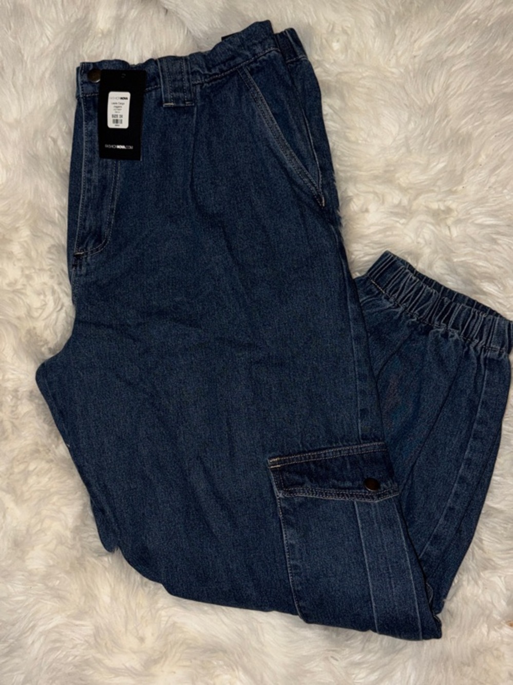 Fashion Nova Dark Blue Denim Cargo Jogger Pants